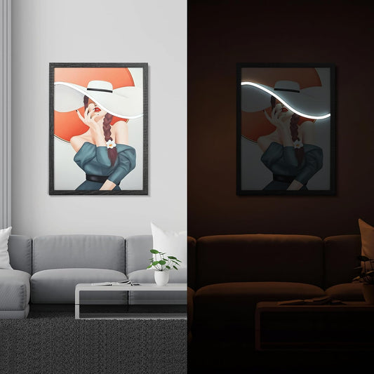 S & A LED Light Up Wall Art - Elegant Lady with Large Sun Hat - 30x40 cm