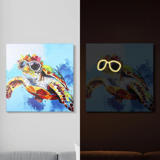 S & A LED Light Up Cool Sea Turtle with Sunglasses Canvas Painting - 30x40 cm
