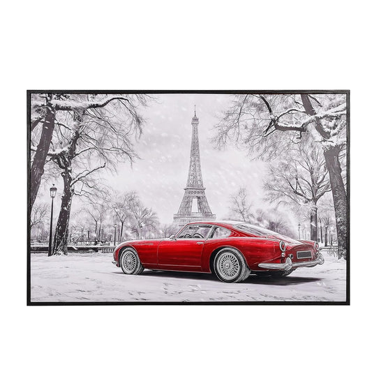 S & A Large LED Wall Art - Vintage Red Car in Paris - 60x90 cm