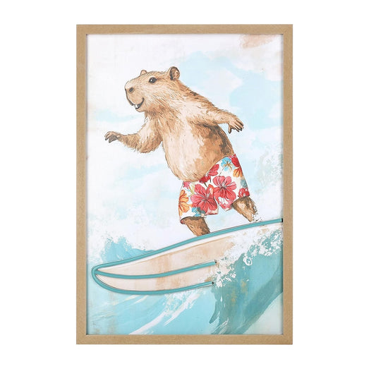 S & A LED Light Up Surfing Capybara Canvas Painting - 34x50 cm