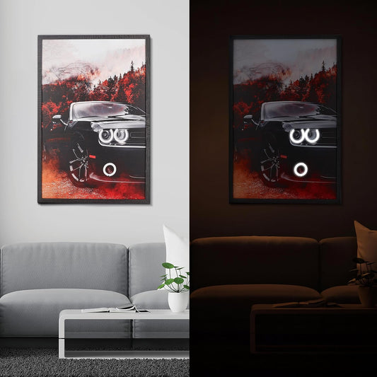 S & A LED Light Up Black Muscle Car Canvas Painting - 40x60 cm