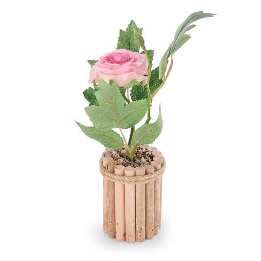 S & A Artificial Pink Rose Plant with Wooden Pot