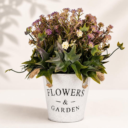 S & A Artificial Mixed Flower Plant in Rustic Metal Pot - 24 cm