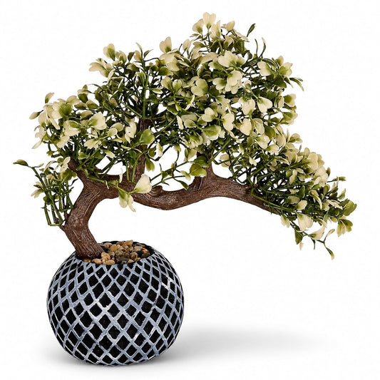 S & A Premium Artificial Bonsai Tree with White Blooms - 22 cm