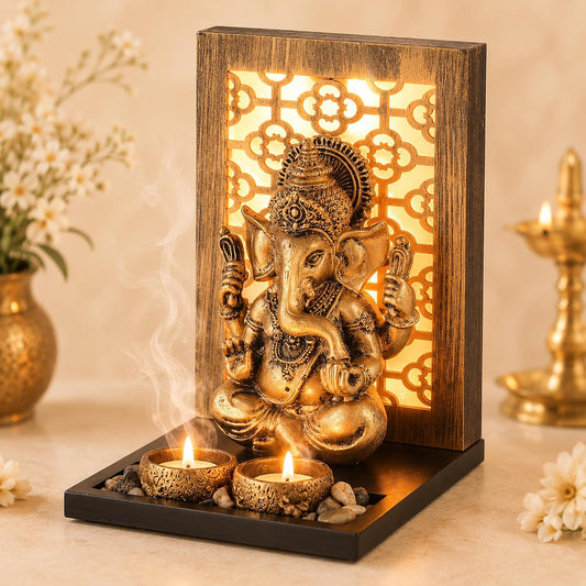 S & A Antique Ganesha Idol with Backlit Design - Decorative Home and Office Showpiece - 23.5 cm