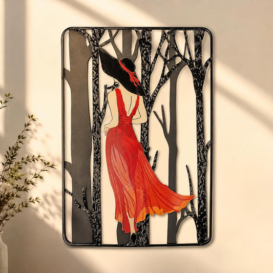 S & A Elegant Lady in Red Gown Metal Wall Art - 68x46 cm