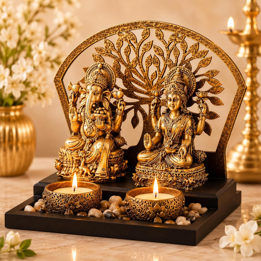 S & A Antique Ganesh and Laxmi Murti Set with Tree of Life Backdrop