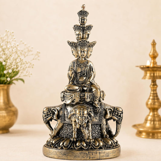 S & A Polyresin Multi-Headed Deity Statue with Triple Elephants - 19 cm